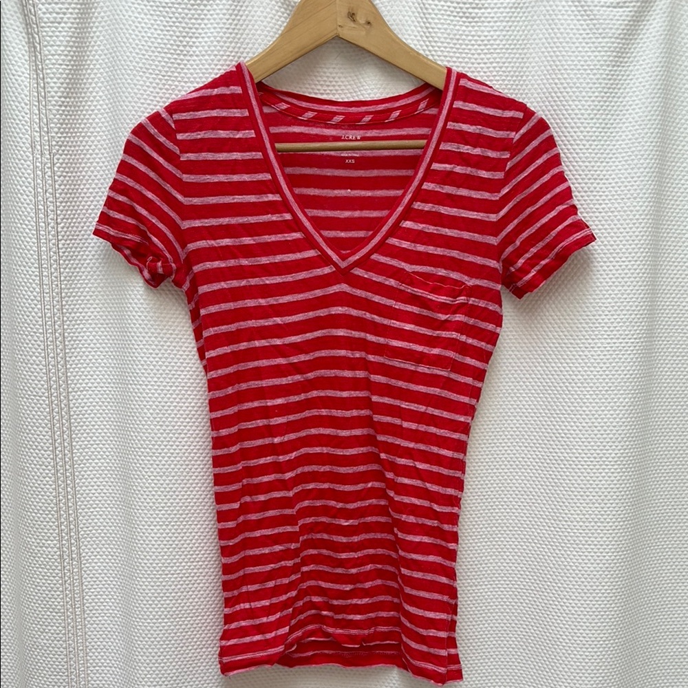 J.Crew Red and White Short Sleeve Fitted Linen Tee
